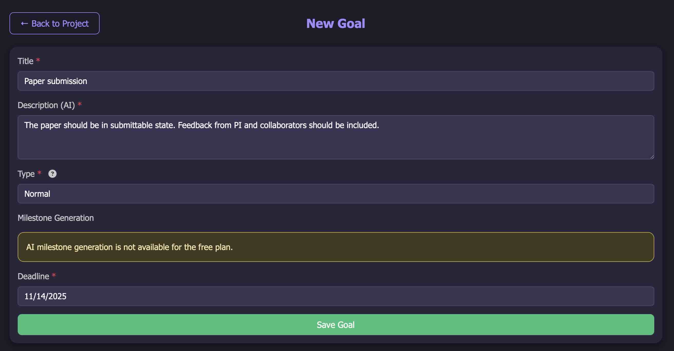 Goal creation interface showing multiple milestones and deadlines